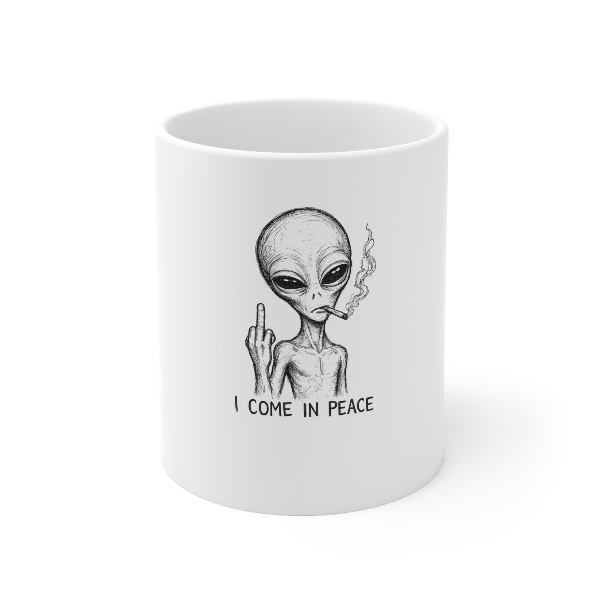 I Come in Peace Alien Ceramic Coffee Mug – 11oz & 15oz | A.M.F Studio 1984