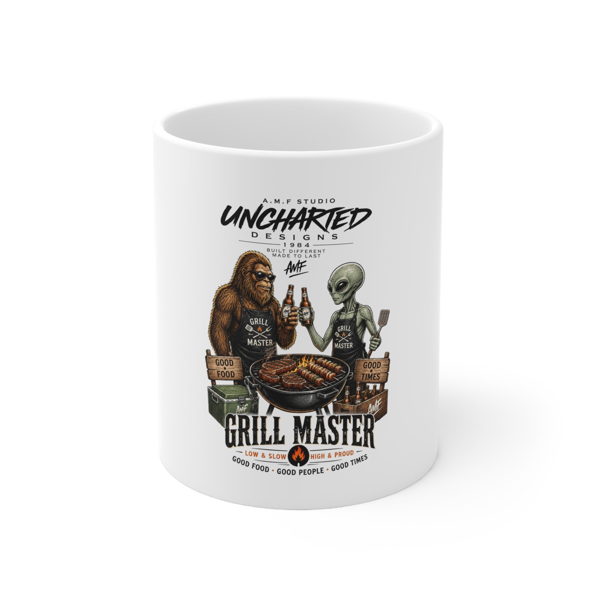 Bigfoot & Alien Grill Master Ceramic Coffee Mug  11oz & 15oz | A.M.F Studio 1984
