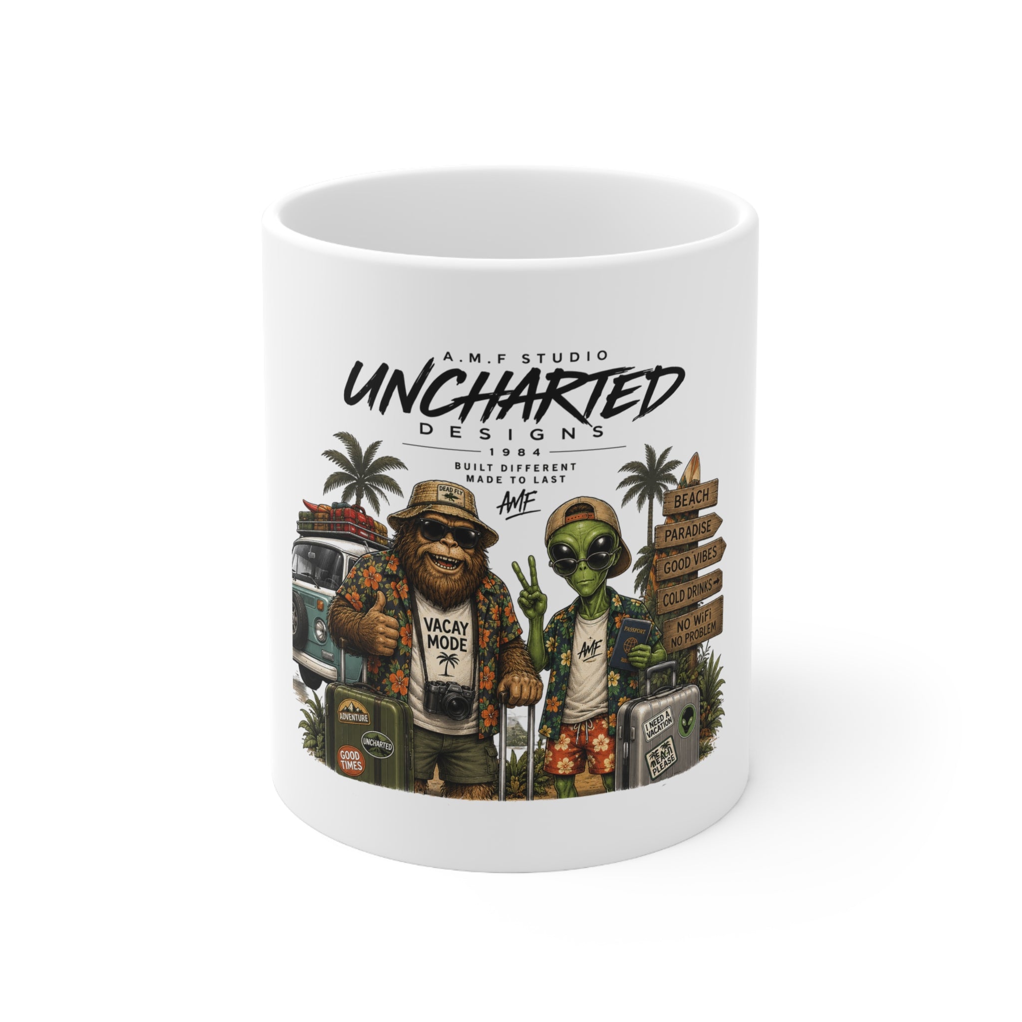 Bigfoot & Alien Vacation Ceramic Coffee Mug  11oz & 15oz | A.M.F Studio 1984