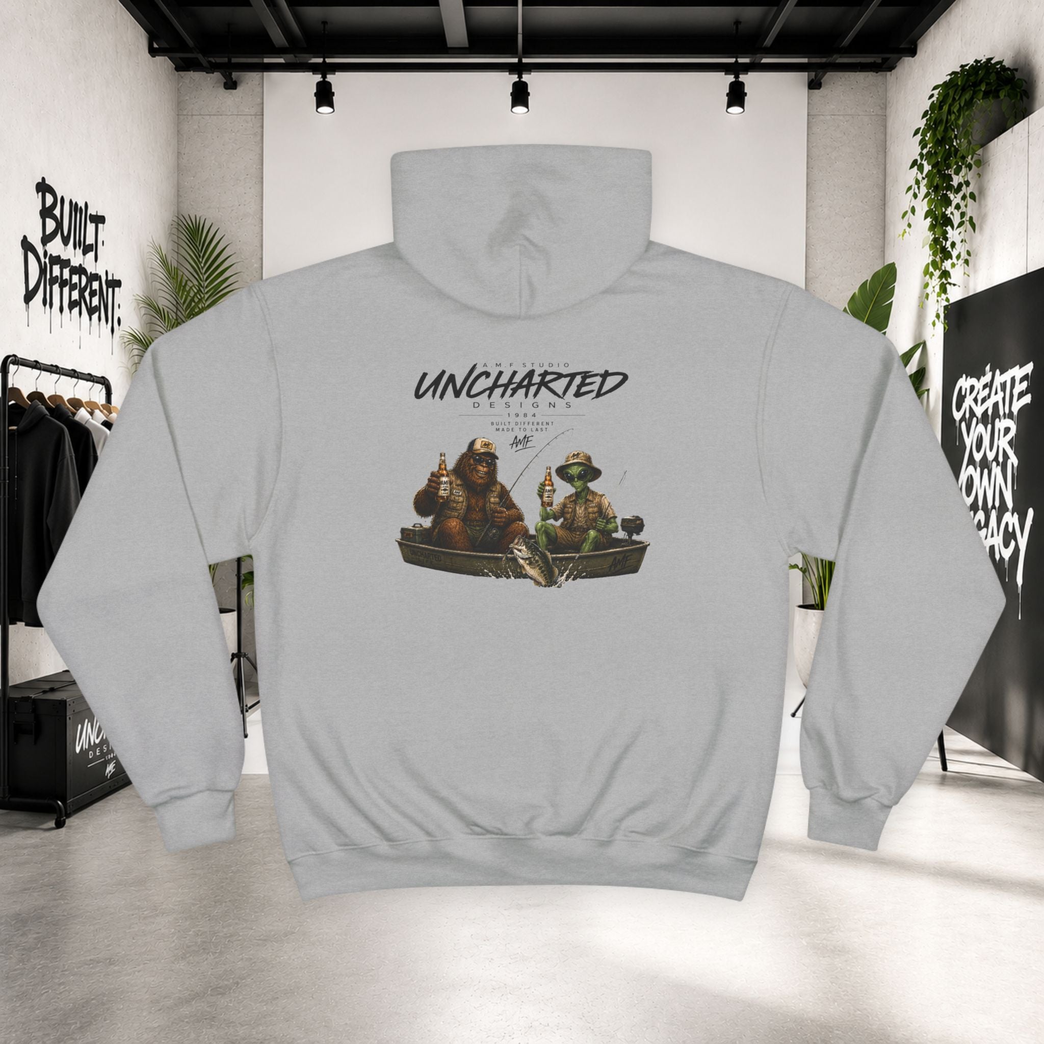 Champion × Uncharted Bigfoot & Alien Fishing Hoodie