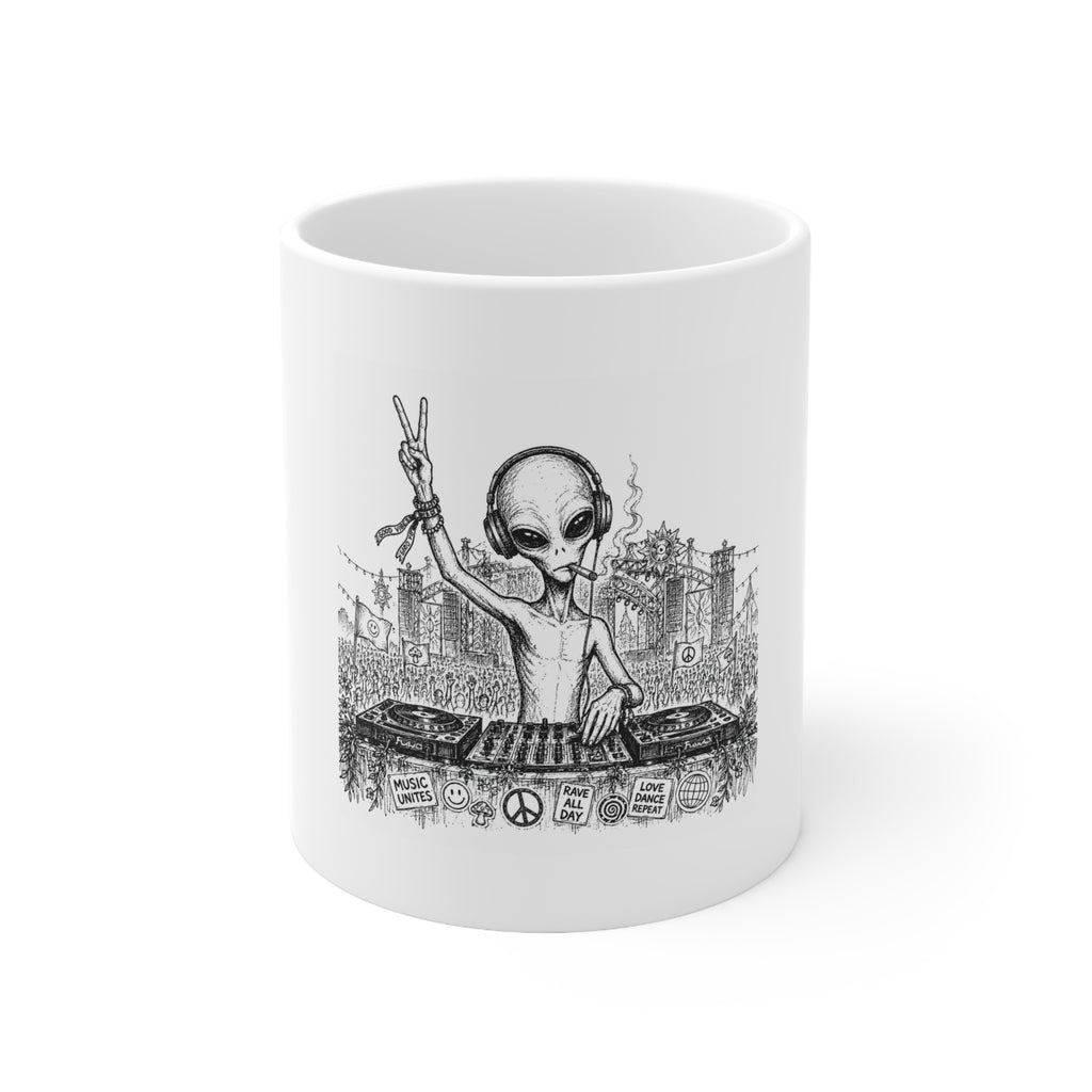 Alien DJ Festival Ceramic Coffee Mug – Rave & Electronic Music Gift – 11oz & 15oz | A.M.F Studio 1984