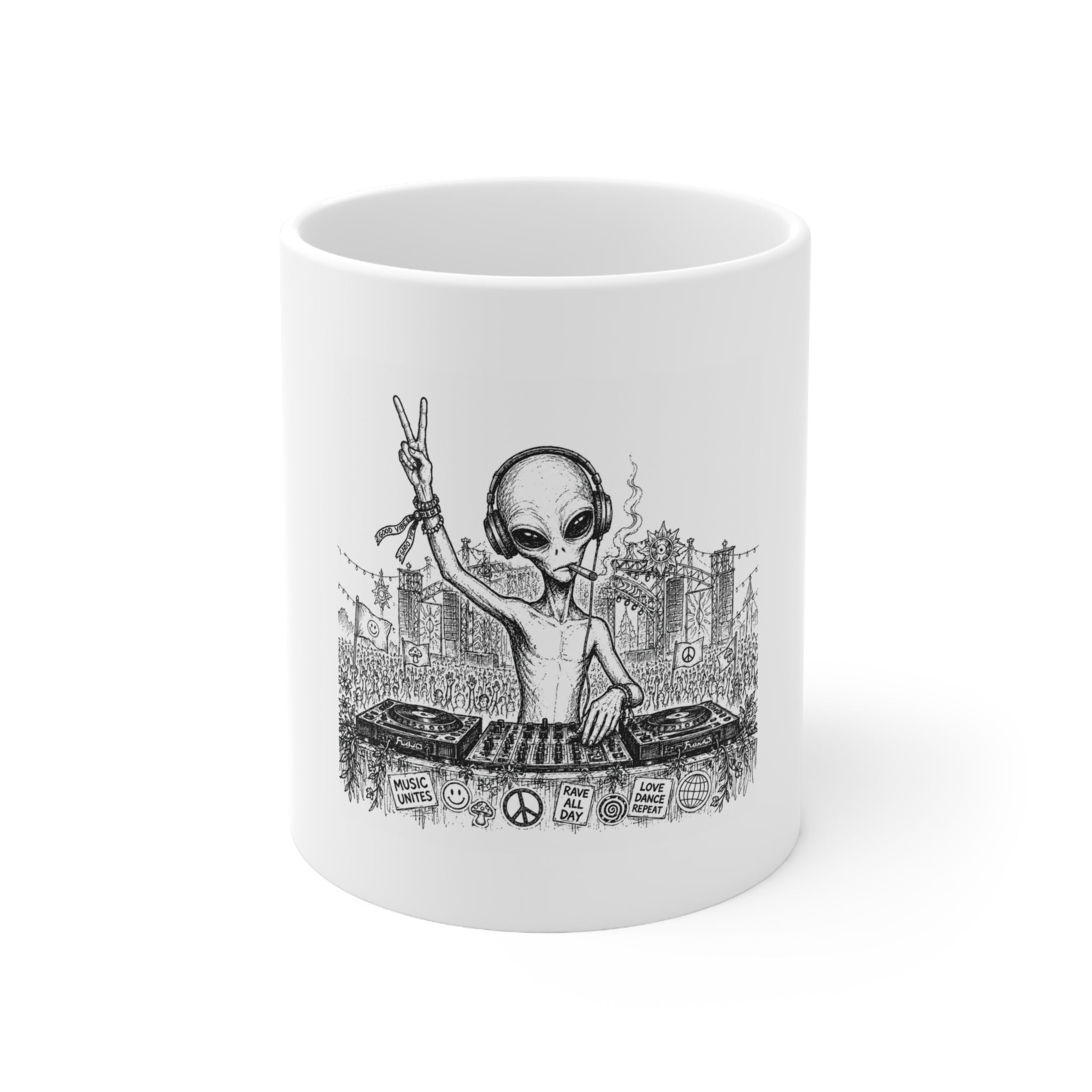 Alien DJ Festival Ceramic Coffee Mug – Rave & Electronic Music Gift – 11oz & 15oz | A.M.F Studio 1984