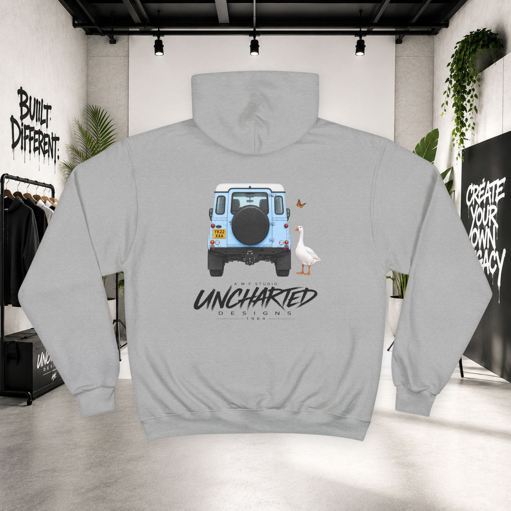 Champion x Uncharted Designs Blue 4x4 Goose Hoodie  Premium Adventure Streetwear