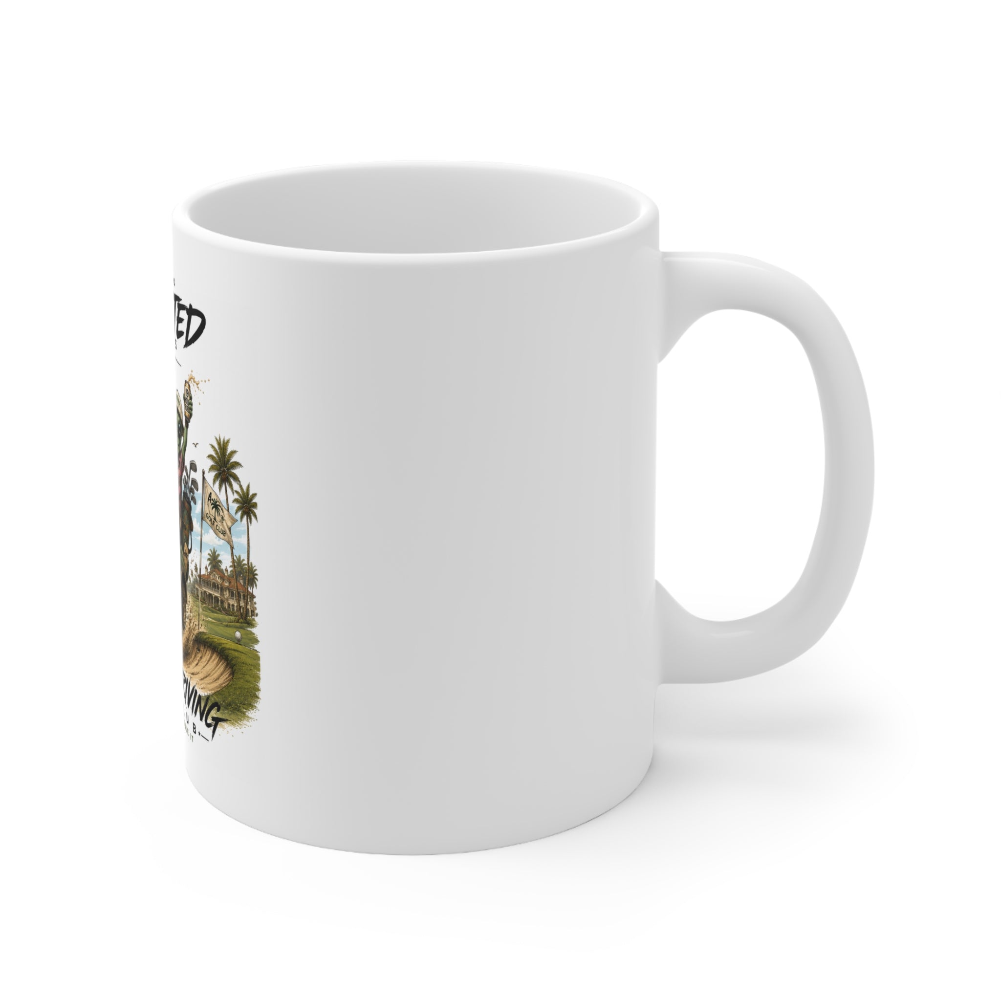 Alien & Raccoon Golf Cart Ceramic Coffee Mug 11oz & 15oz | A.M.F Studio 1984