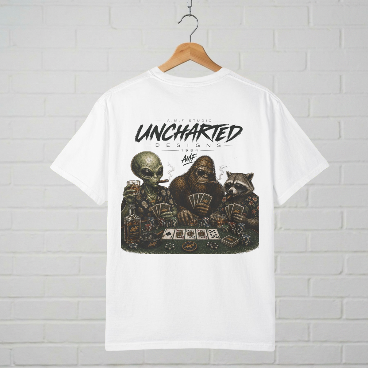 Bigfoot Alien Raccoon Poker T-Shirt A.M.F Studio 1984 Uncharted Designs