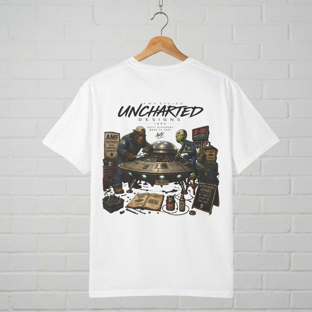 Alien & Bigfoot UFO Mechanics T-Shirt A.M.F Studio 1984