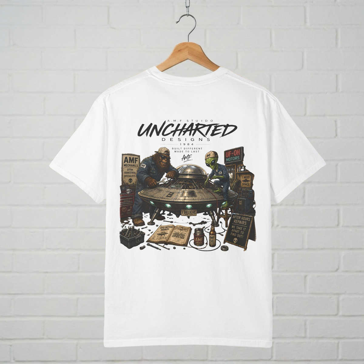 Alien & Bigfoot UFO Mechanics T-Shirt A.M.F Studio 1984