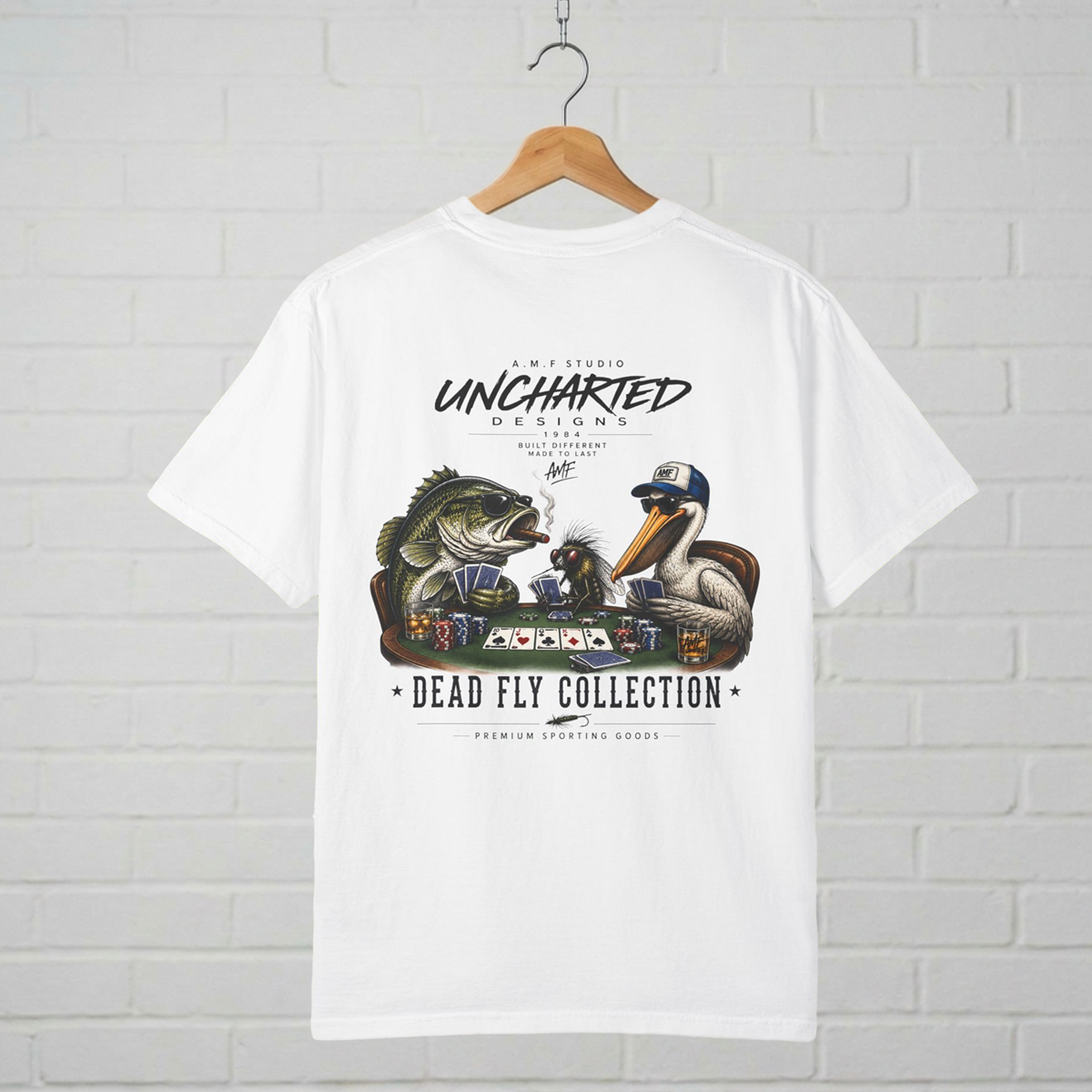 Dead Fly Poker Club T-Shirt | Bass Fish Fly & Pelican Card Game  A.M.F Studio 1984