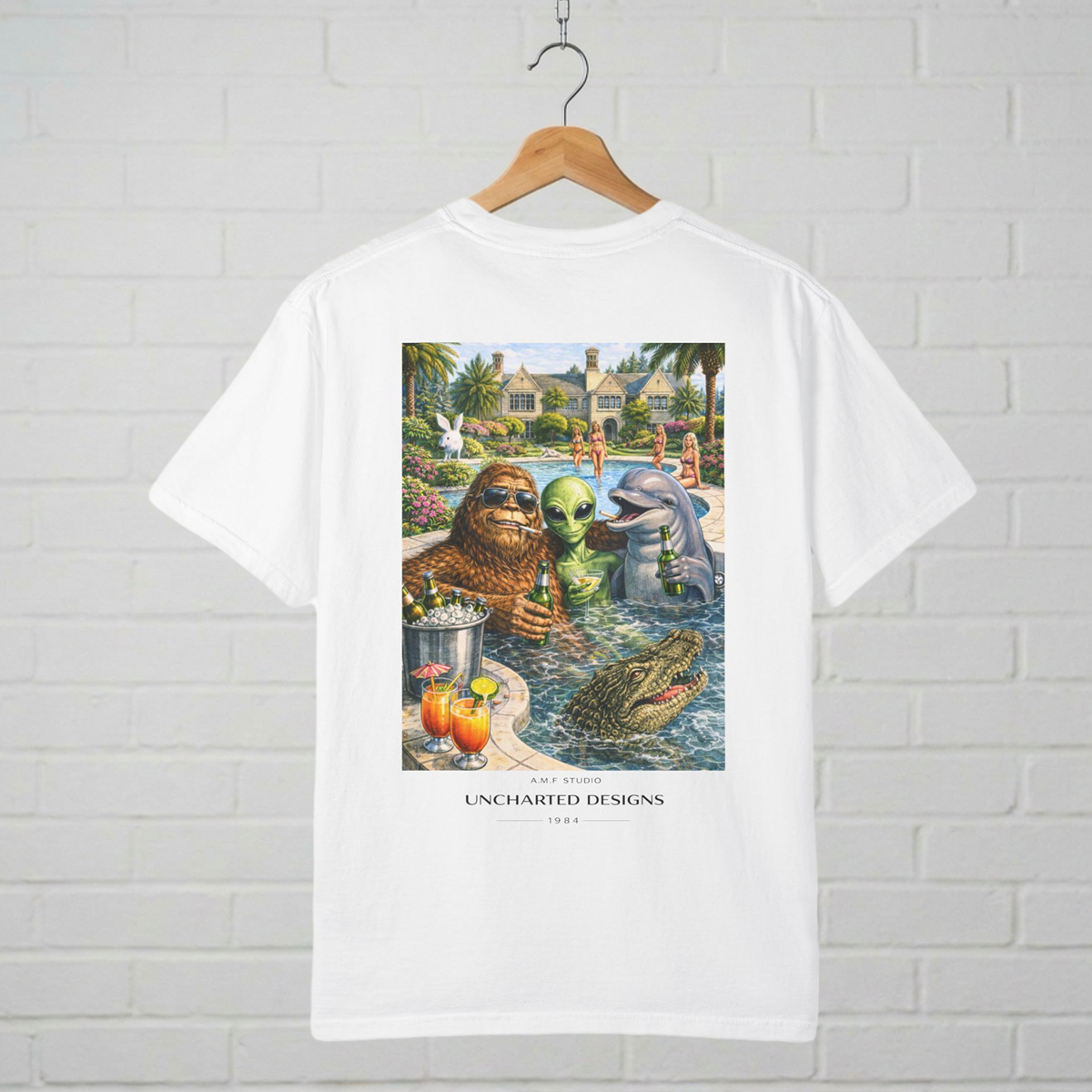 Bigfoot Alien Dolphin Pool Party T-Shirt A.M.F Studio 1984