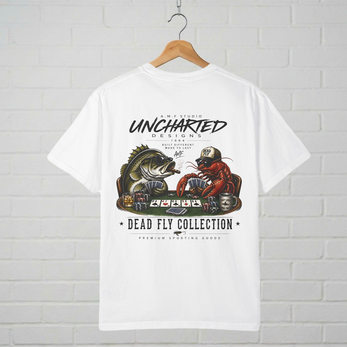 Dead Fly Poker T-Shirt | Bass Fish & Lobster Card Game  A.M.F Studio 1984