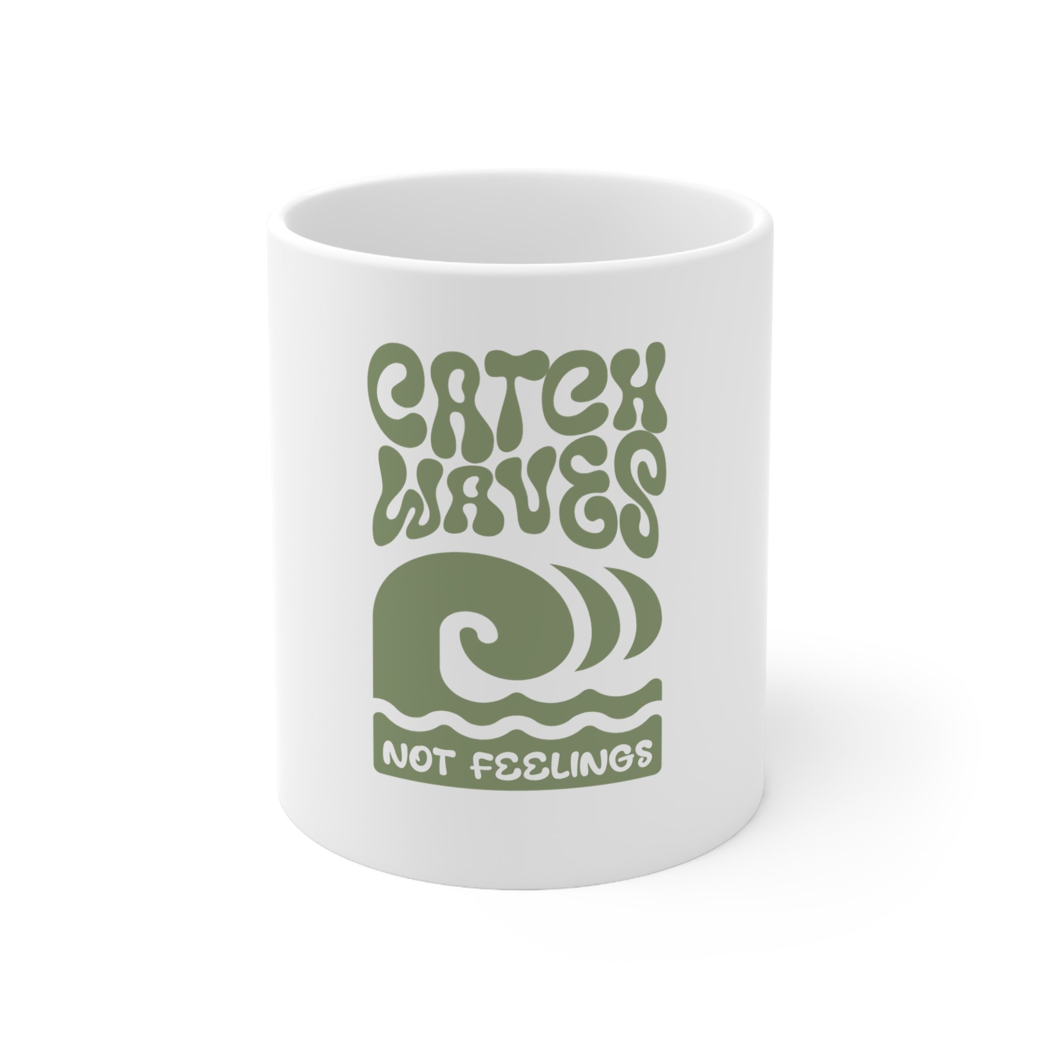 Catch Waves Not Feelings Ceramic Coffee Mug – Retro Surf Gift – 11oz & 15oz | A.M.F Studio 1984