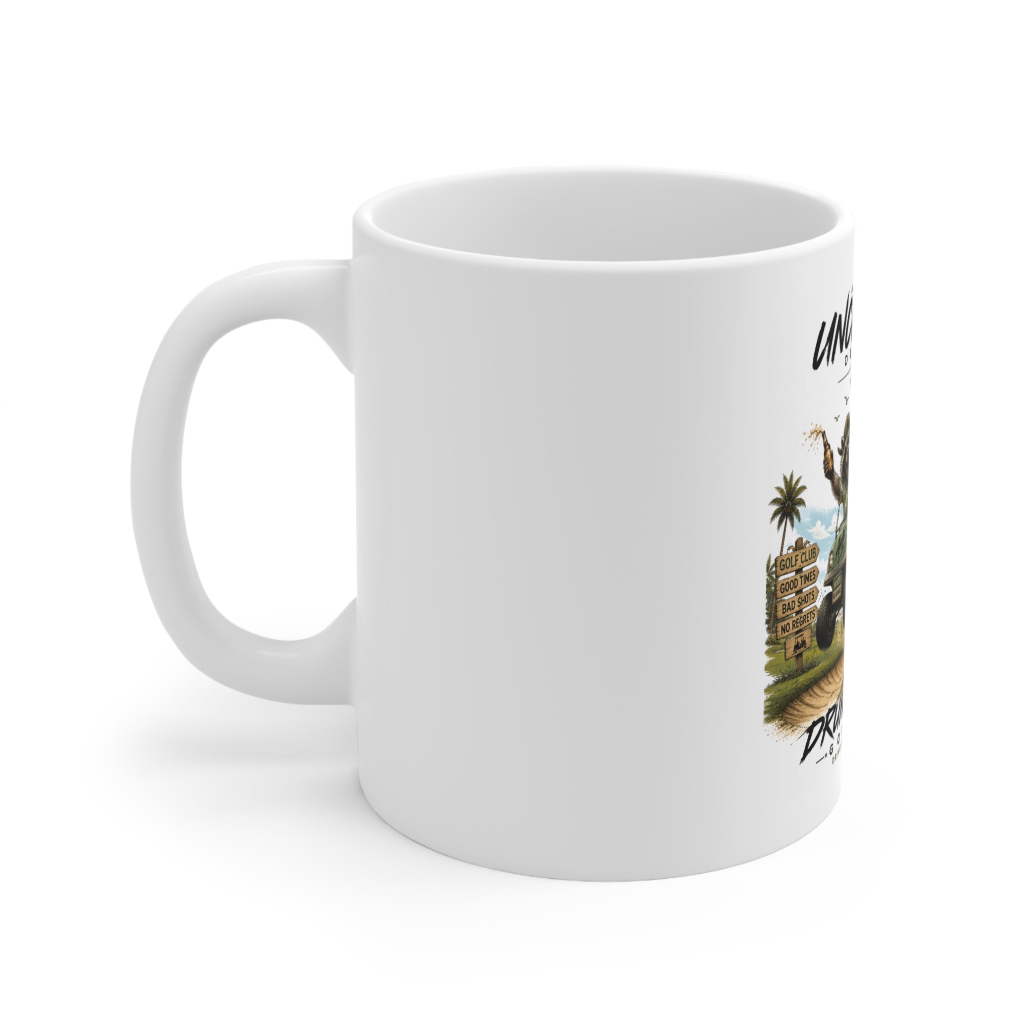 Alien & Raccoon Golf Cart Ceramic Coffee Mug 11oz & 15oz | A.M.F Studio 1984