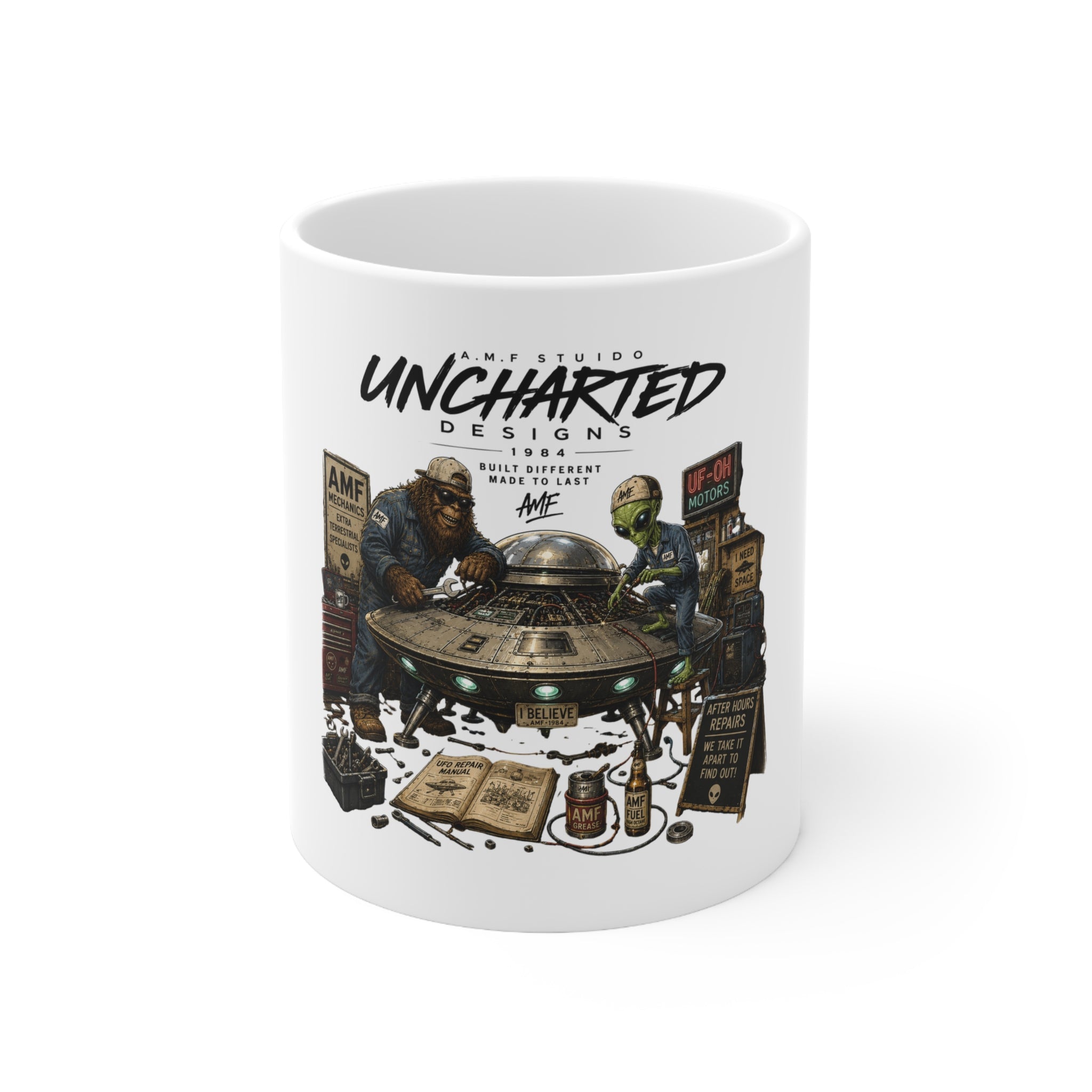 Bigfoot & Alien Fishing Ceramic Coffee Mug  11oz & 15oz | A.M.F Studio 1984