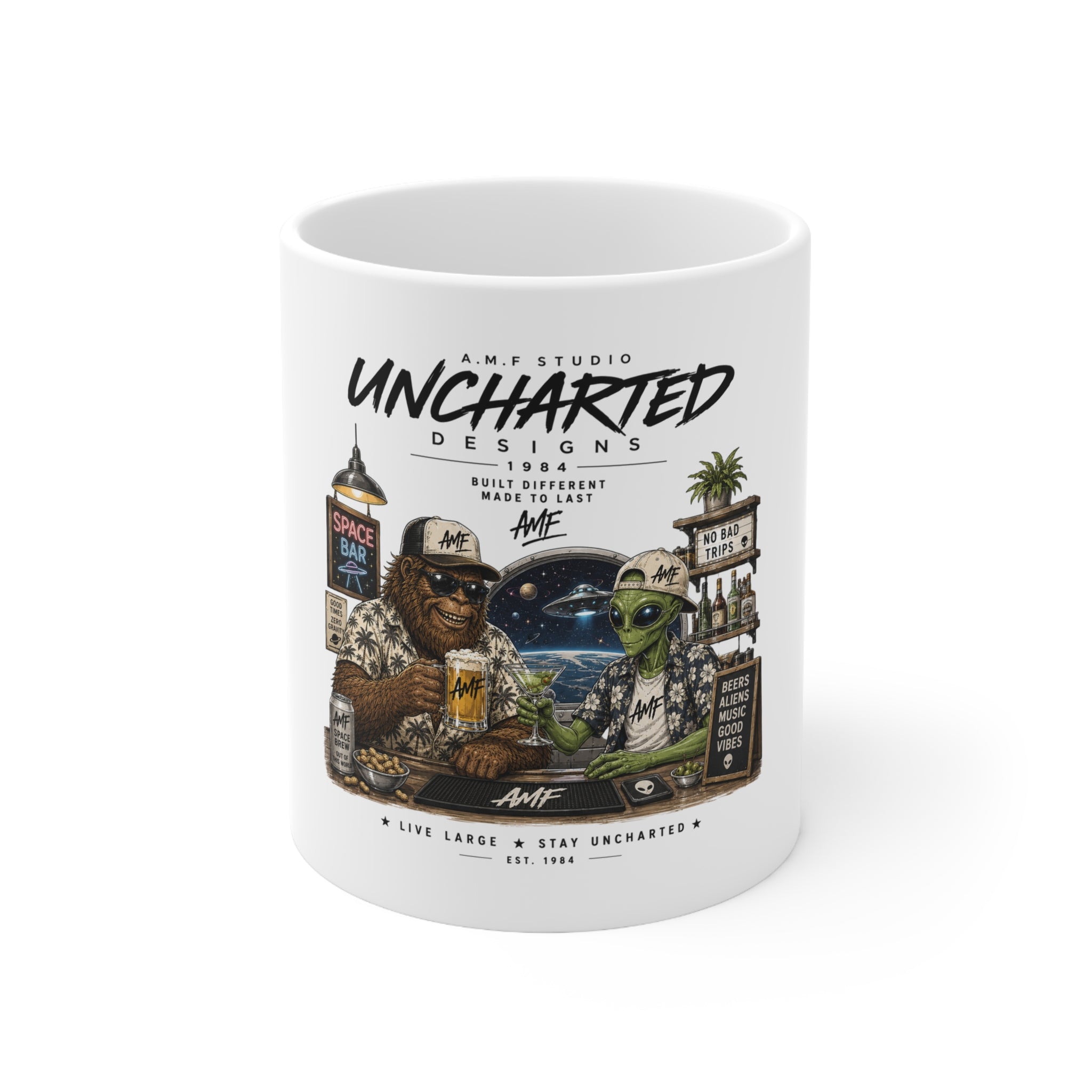 Bigfoot & Alien Space Bar Ceramic Coffee Mug – 11oz & 15oz | A.M.F Studio 1984