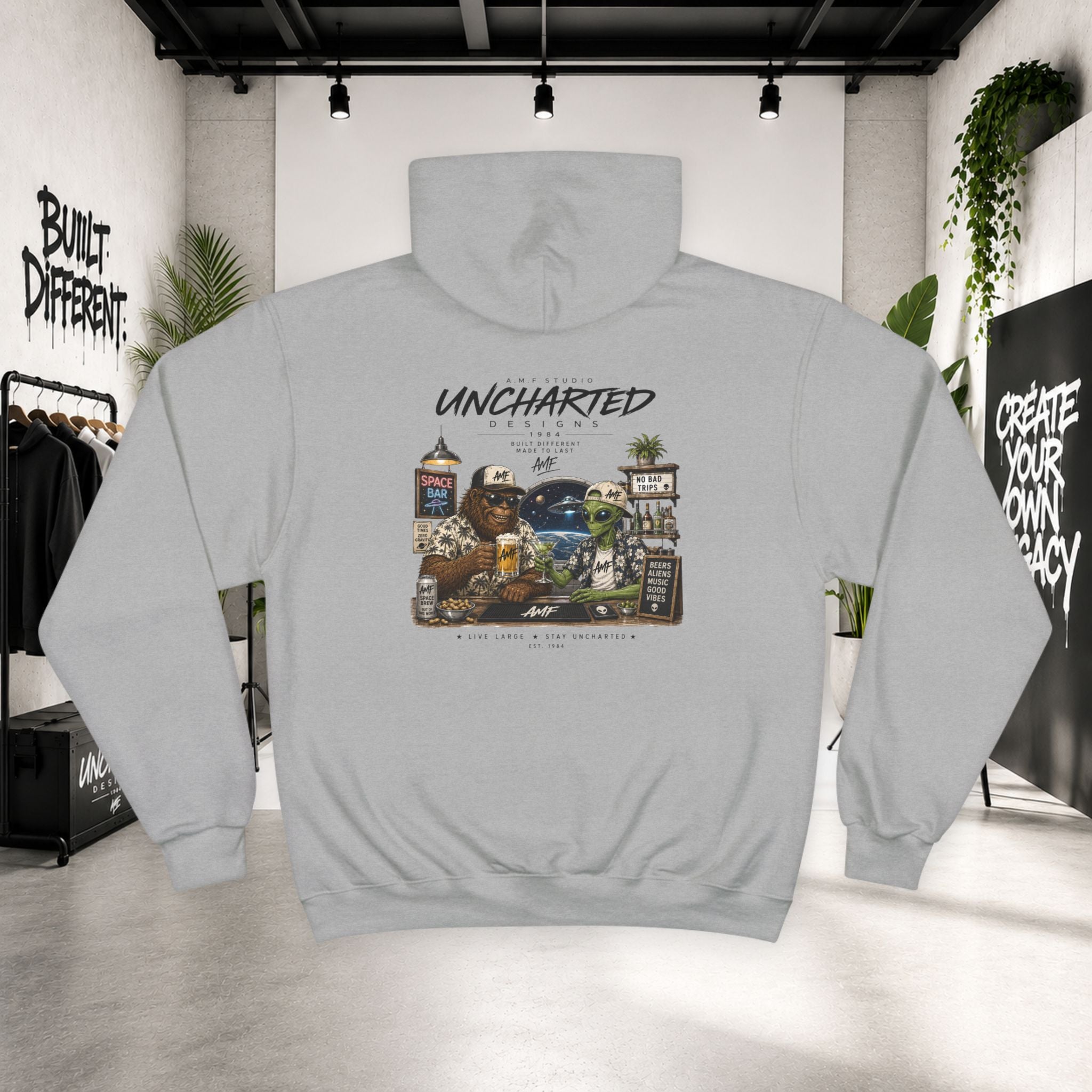 Champion × Uncharted Bigfoot & Alien Space Bar Graphic Hoodie