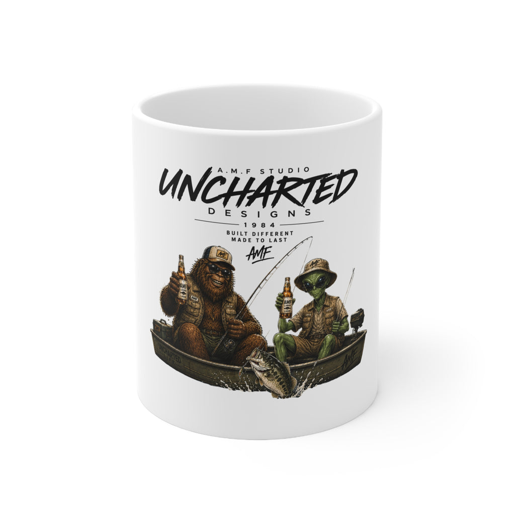 Bigfoot & Alien Fishing Ceramic Coffee Mug  11oz & 15oz | A.M.F Studio 1984