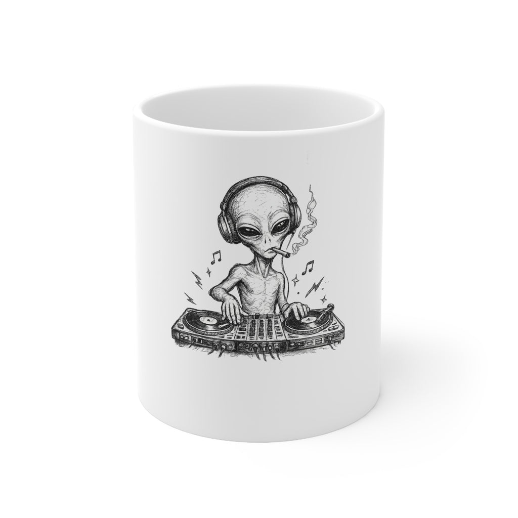 Alien DJ Ceramic Coffee Mug – Electronic Music & Rave Gift – 11oz & 15oz | A.M.F Studio 1984