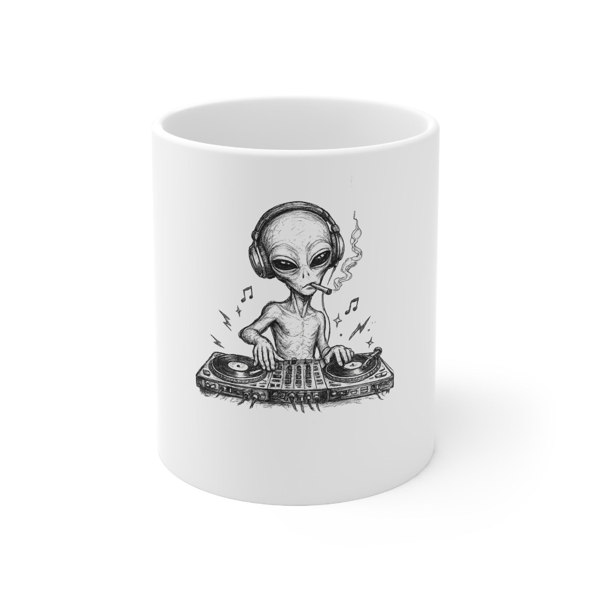 Alien DJ Ceramic Coffee Mug – Electronic Music & Rave Gift – 11oz & 15oz | A.M.F Studio 1984