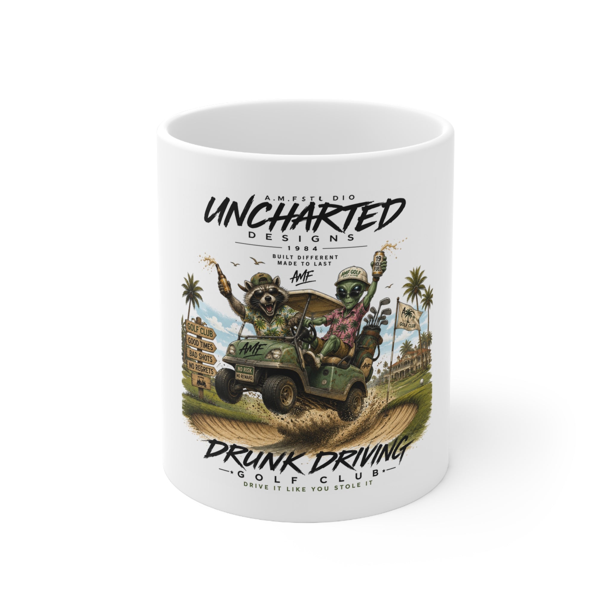 Alien & Raccoon Golf Cart Ceramic Coffee Mug 11oz & 15oz | A.M.F Studio 1984